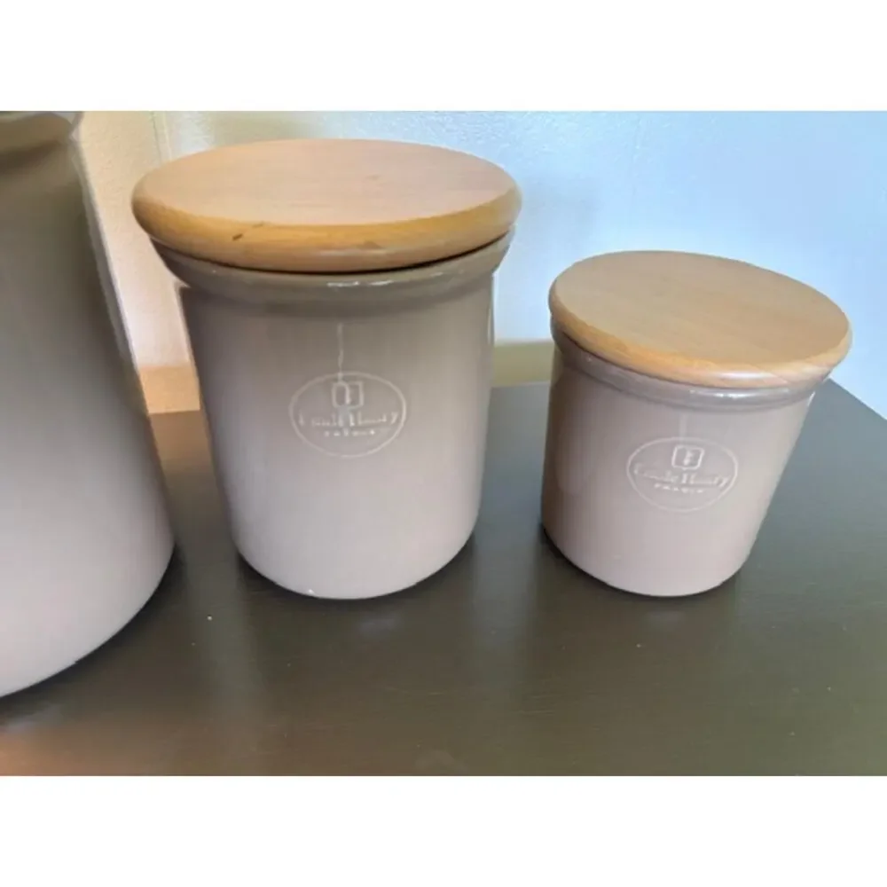 Emile Henry France Ceramic Canister Set of 3 Taupe Stoneware Wood Lids